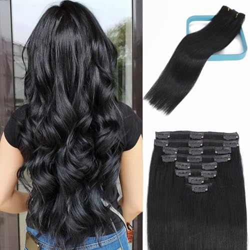 LORIEN Clip in Hair Extensions Real Human 100g 100 Brazilian Remy on 8pcs Per Set with 18Clips Double Weft 18 Inch 1 Jet Black Color
